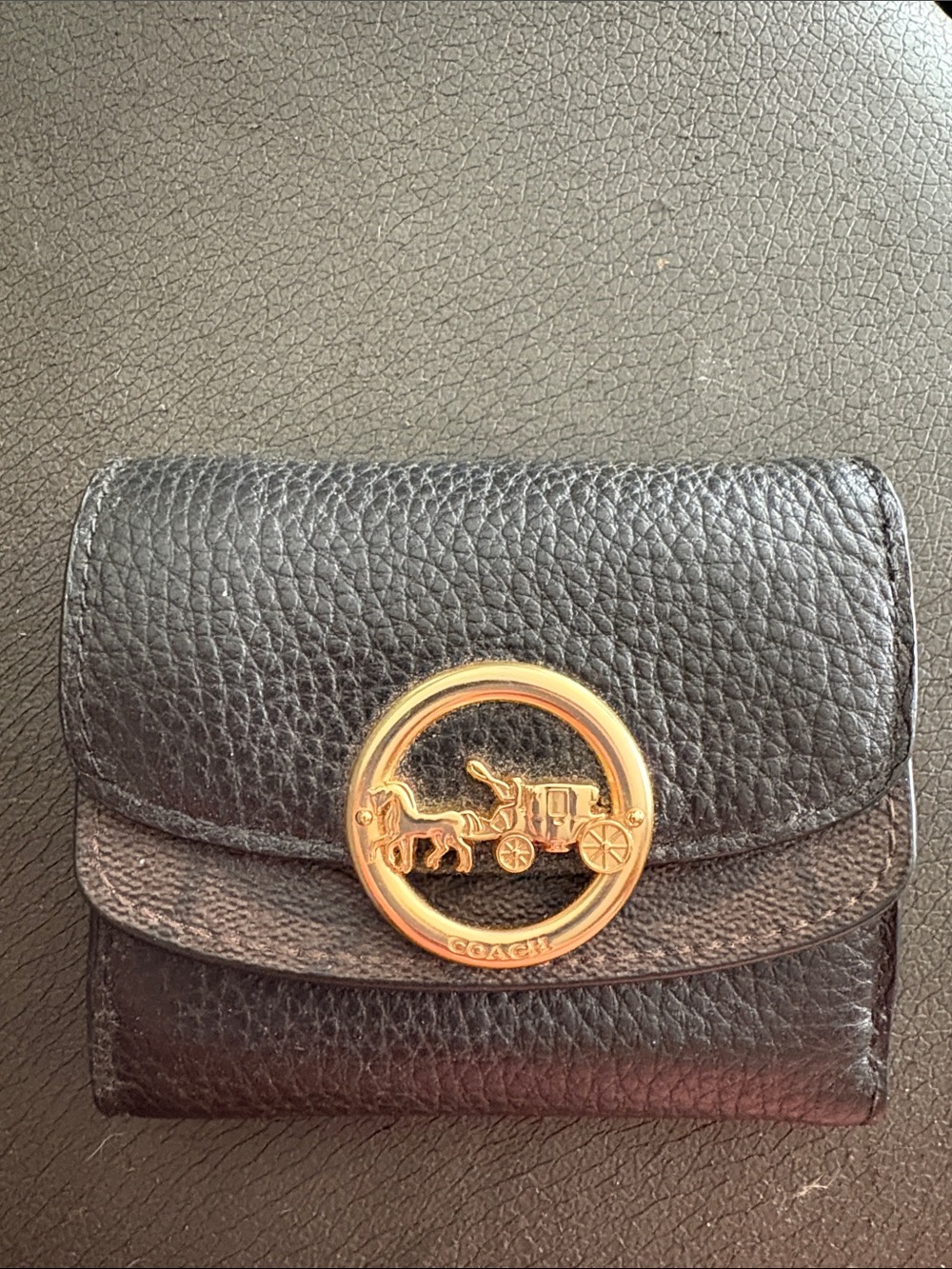 Coach Black Pebbled Leather Trifold Wallet with Gold Carriage Emblem